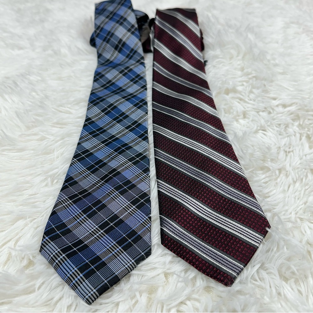 Pronto Uomo Couture 2 Hand Made Mens Silk Neckties  Blue Plaid & Burgundy Stripe